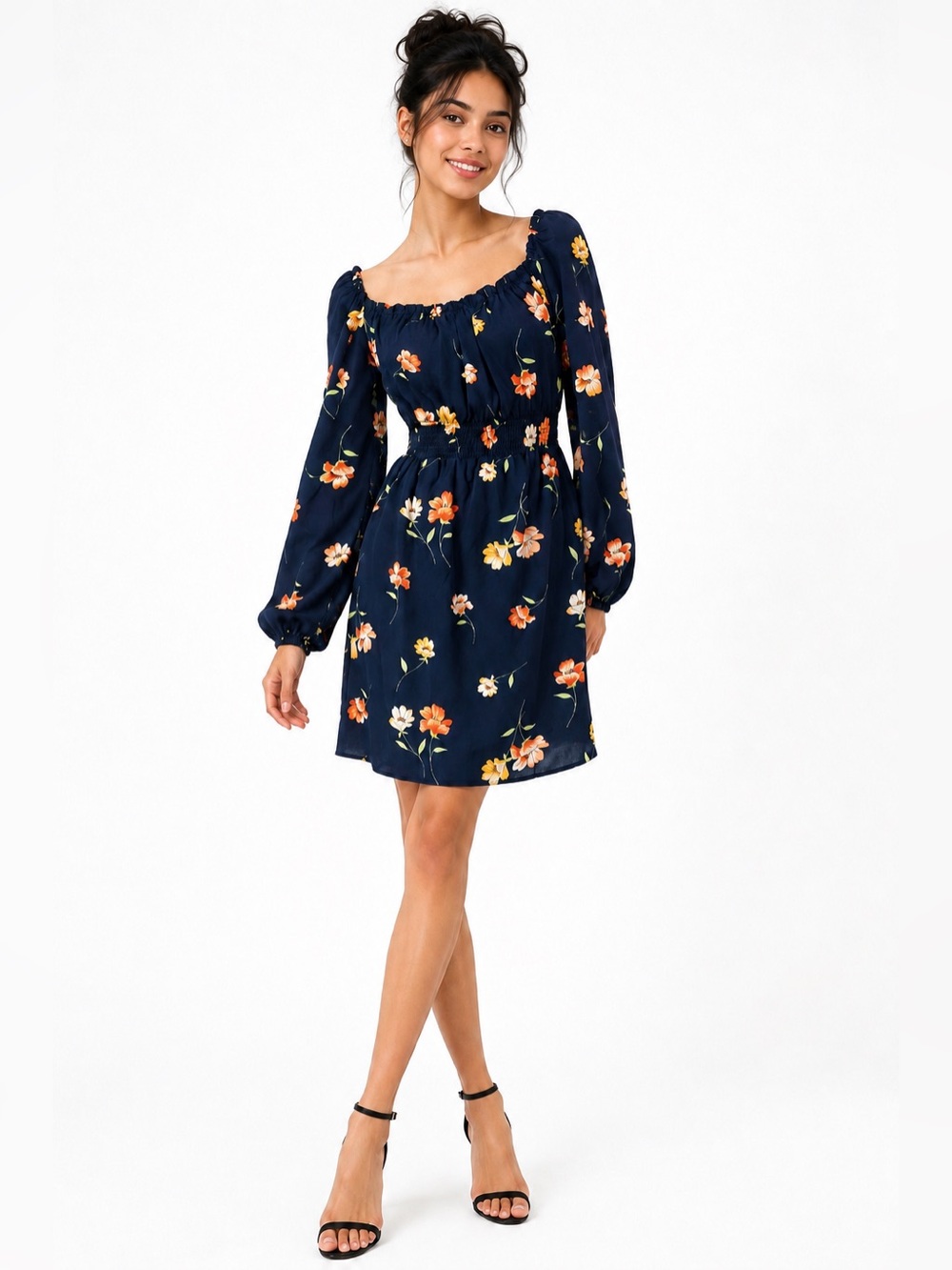 Soprano Navy Floral Off Shoulder Smocked Flowy Boho Mini Dress Size S NWT